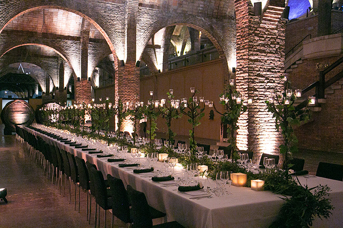 set-up for a gala dinner in a wine cellar