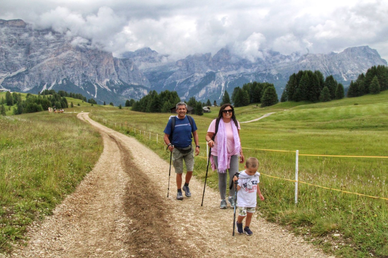 family trekking in the mountains